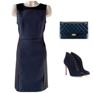 THEORY WOOL BLUE BLACK COLORBLOCK STRAIGHT SHEATH DRESS SZ 10 $245